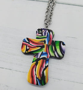 Stain Glass Cane Cross Necklace no.3
